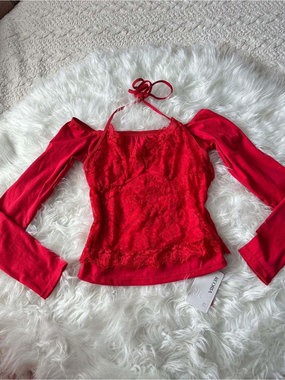 Red Lace Halter Cold-Shoulder Top